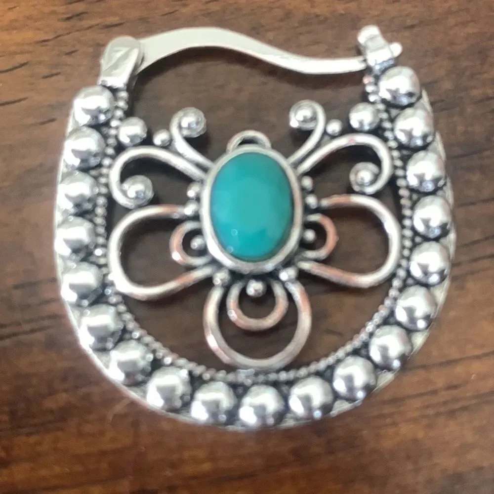 Balinese Style Openwork Hoop Earrings in Silver Tone with Turquoise Accents